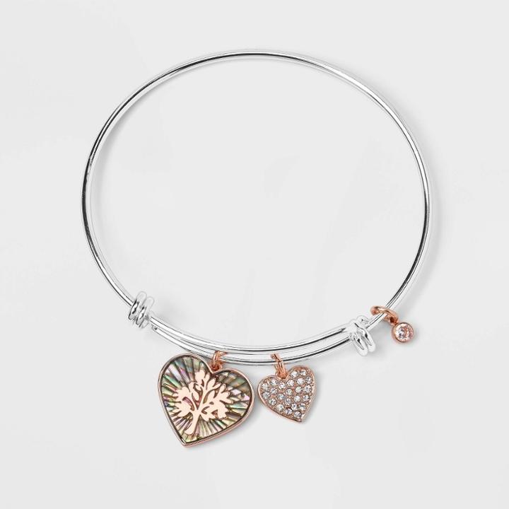No Brand 14k Gold Dipped Crystal 'family' Heart With Tree Bangle Bracelet -