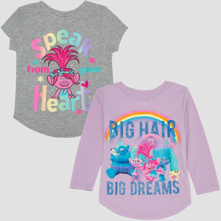 Toddler Girls' 2pk Trolls Long Sleeve And Short Sleeve T-shirts - Purple/gray