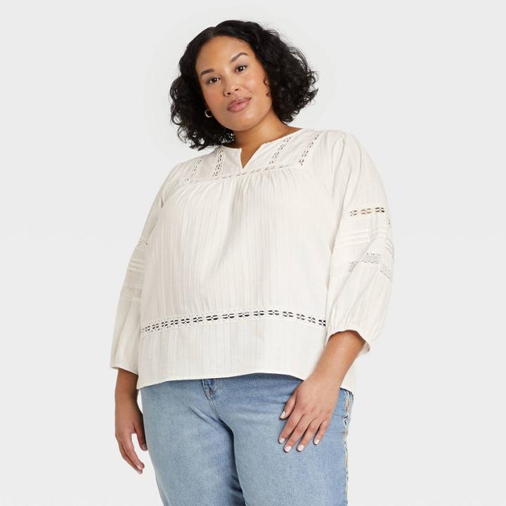 Women's Plus Size Balloon 3/4 Sleeve Blouse - Knox Rose White