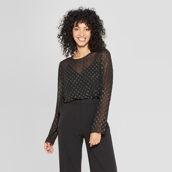 Women's Polka Dot Long Sleeve Sheer Blouse - A New Day Black