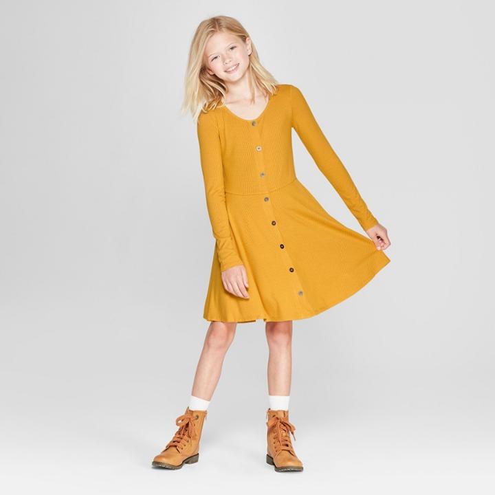 Girls' Front Button Long Sleeve Dress - Art Class Gold