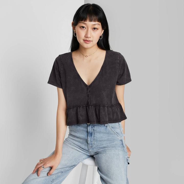 Women's Short Sleeve V-neck Button-front Peplum T-shirt - Wild Fable Black