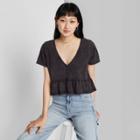 Women's Short Sleeve V-neck Button-front Peplum T-shirt - Wild Fable Black