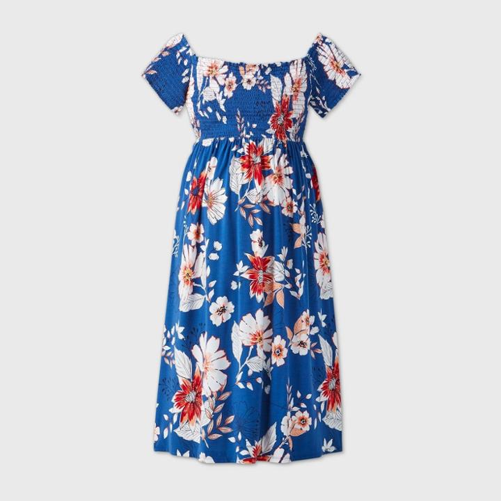 Maternity Floral Print Short Sleeve Smocked Dress - Isabel Maternity By Ingrid & Isabel Navy S, Women's, Size: