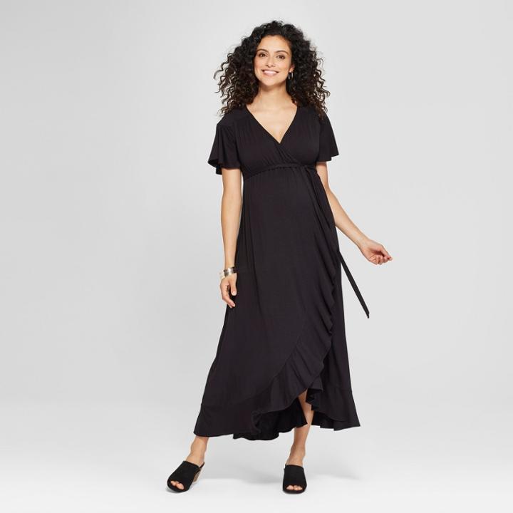 Maternity Short Sleeve Faux Wrap Belted Knit Dress - Isabel Maternity By Ingrid & Isabel Black