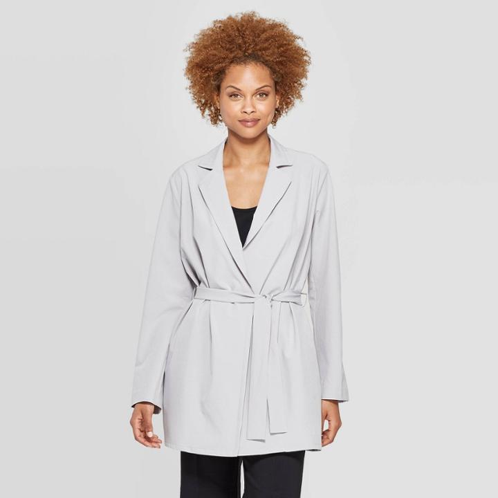 Women's Long Sleeve Belted Blazer With Tie - Prologue Gray