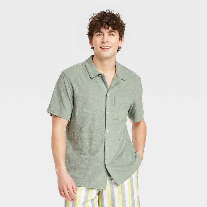 Men's Terry Short Sleeve Camp Button-down Shirt - Goodfellow & Co Green
