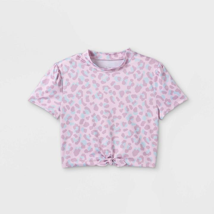 Girls' Animal Print Cropped Short Sleeve Rash Guard Swim Shirt - Art Class Pink