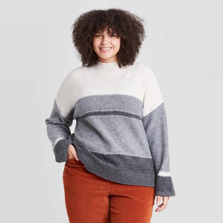 Women's Plus Size Striped Mock Turtleneck Pullover Sweater - Universal Thread Gray