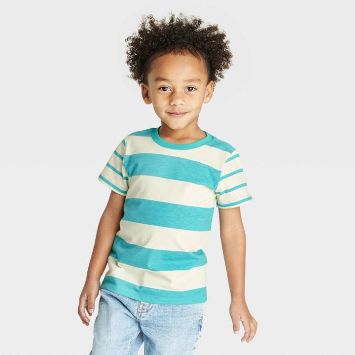 Toddler Boys' Short Sleeve Striped Jersey Knit T-shirt - Cat & Jack Turquoise Green