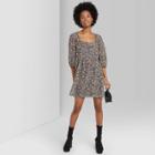 Women's Floral Print 3/4 Sleeve Square Neck Chiffon Dress - Wild Fable Black
