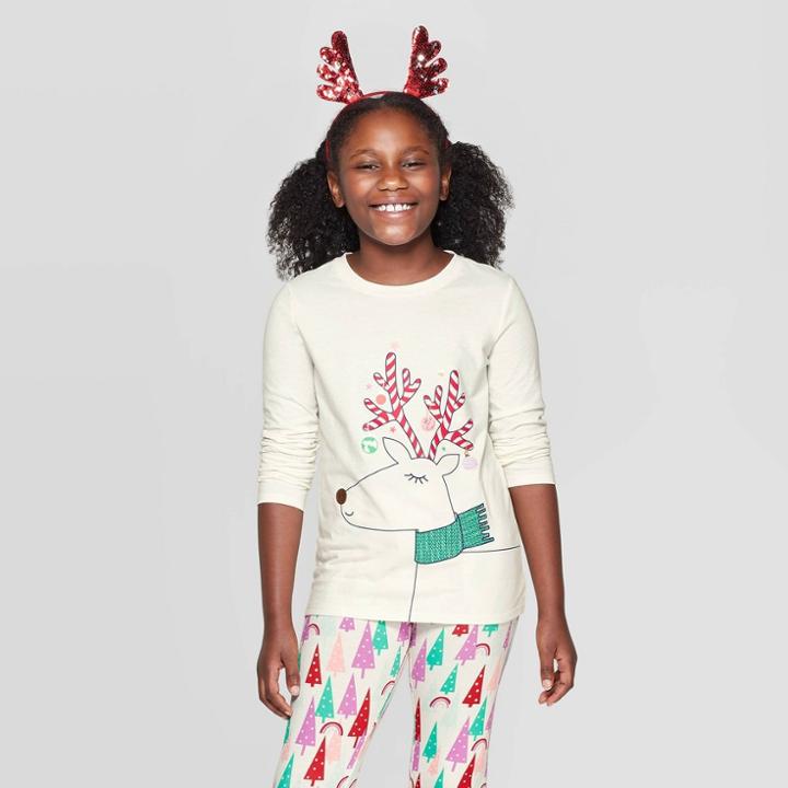 Girls' Long Sleeve Reindeer Graphic T-shirt - Cat & Jack Cream S, Girl's, Size: