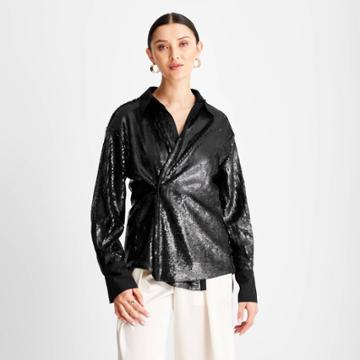 Women's Long Sleeve Sequin Button-down Shirt - Future Collective With Kahlana Barfield Brown Black Xxs