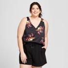Women's Plus Size Floral Print Satin Shell Tank Top - A New Day Black