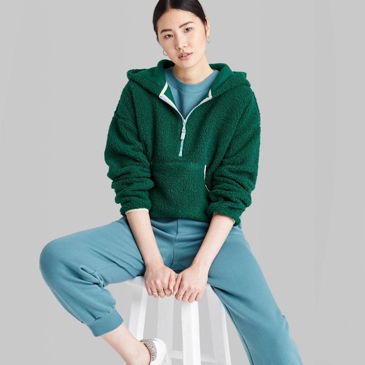 Women's Half-zip Sherpa Anorak Jacket - Wild Fable Green