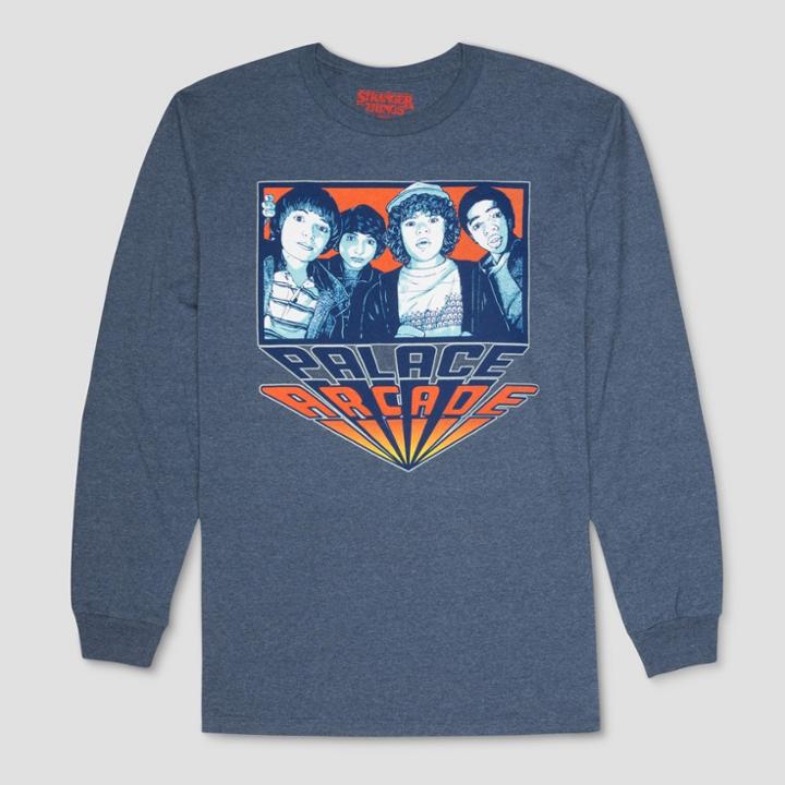 Men's Stranger Things Palace Arcade Long Sleeve T-shirt - Heathered Deep Navy
