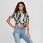 Women's Striped Short Sleeve Tie Front Top - 3hearts (juniors') Cream Xl, Black Off-white