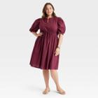 Women's Plus Size Puff Elbow Sleeve Seersucker Dress - A New Day Burgundy