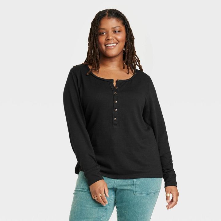 Women's Plus Size Long Sleeve Henley Neck Shirt - Universal Thread Black