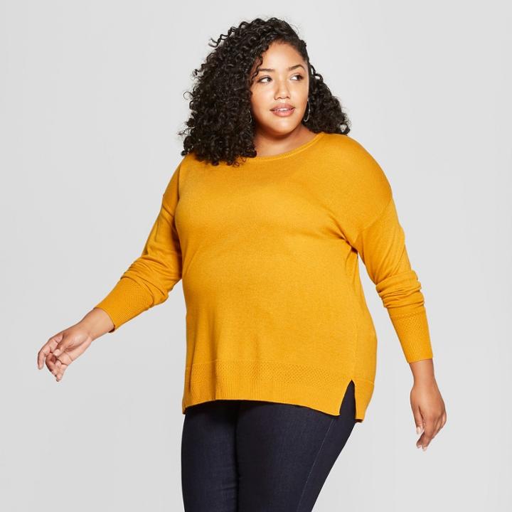 Women's Plus Size Crew Neck Luxe Pullover - A New Day Gold X