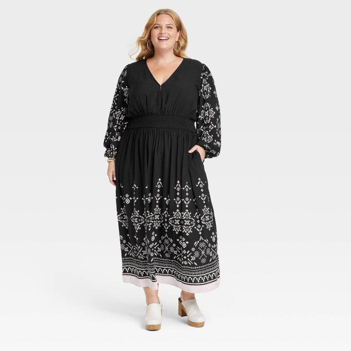 Women's Plus Size Long Sleeve A-line Dress - Knox Rose Black