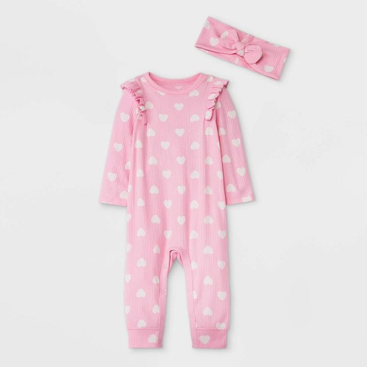 Baby Girls' Heart Rib Romper With Headband - Cat & Jack Pink/white Newborn