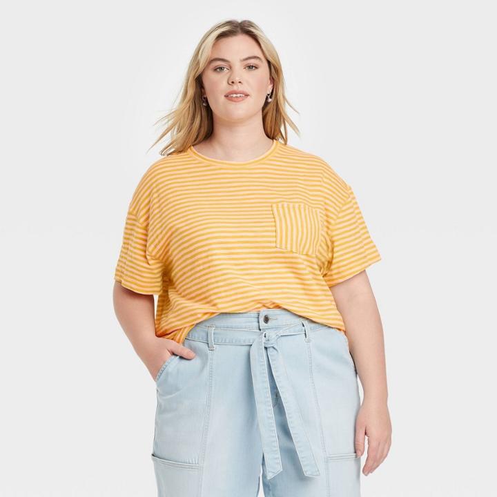 Women's Plus Size Striped Short Sleeve Boxy T-shirt - Universal Thread Pink/orange