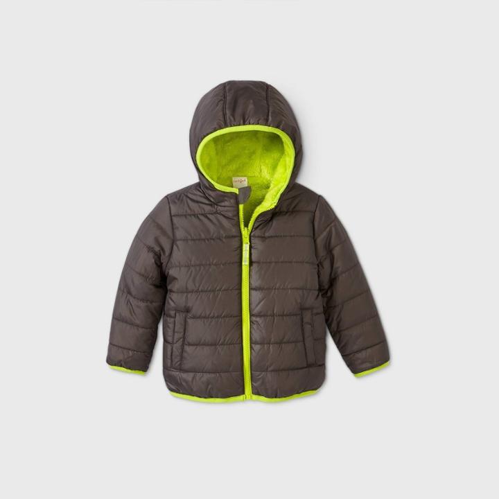 Toddler Boys' Reversible Puffer Jacket - Cat & Jack Gray/lime Yellow 12m, Gray/green/yellow