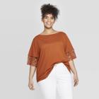 Women's Plus Size Short Sleeve Crewneck Crochet Trim T-shirt - Ava & Viv Brown