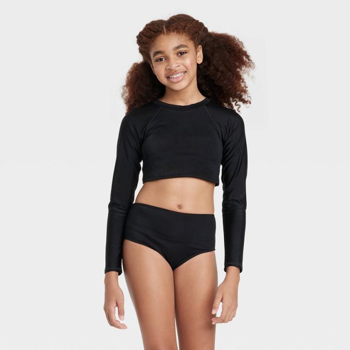 Girls' Long Sleeve Bikini Top - Art Class Black