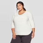Women's Plus Size Striped Long Sleeve V-neck Cozy Top - Ava & Viv Cream/brown X, Women's, White