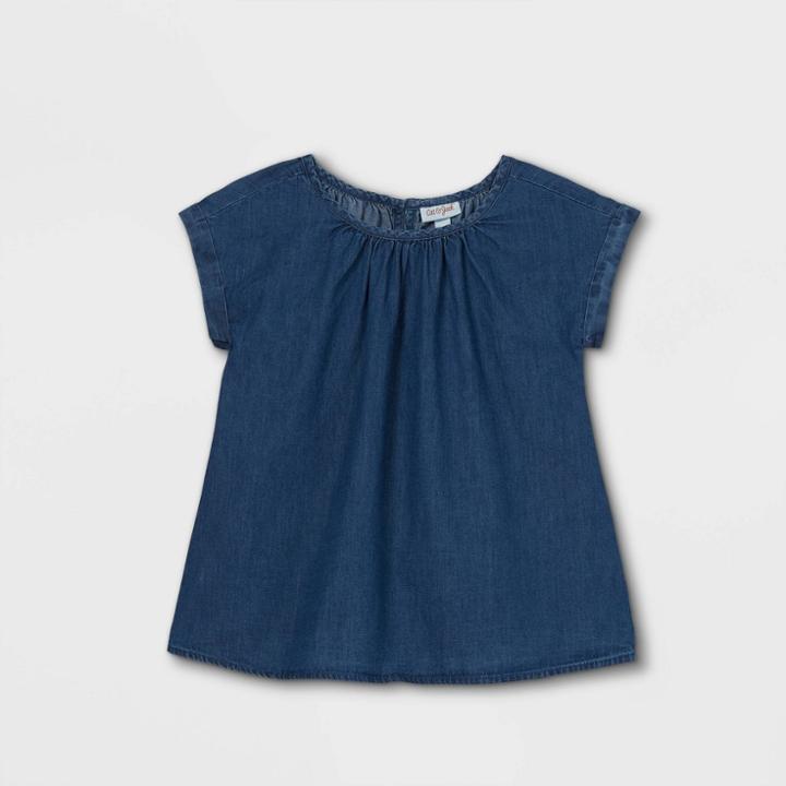 Girls' Short Sleeve Woven Top - Cat & Jack Medium Wash Xs,
