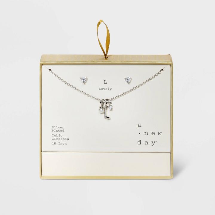 Silver Plated With Cubic Zirconia And Pearl Initial L Charm Cluster Necklace And Earring Set - A New Day