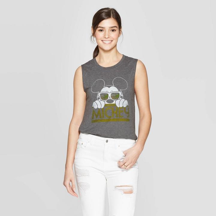 Women's Mickey Mouse Scoop Neck South Peeking Mickey Tank Top - Disney Gray
