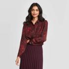 Women's Floral Print Relaxed Fit Long Sleeve Collared Blouse - A New Day Burgundy L, Women's,