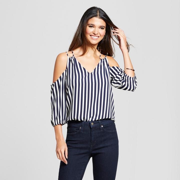 Eclair Women's Striped 3/4 Sleeve Cold Shoulder Blouse With Drawstring Shoulder Detail - Clair Navy/white
