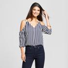 Eclair Women's Striped 3/4 Sleeve Cold Shoulder Blouse With Drawstring Shoulder Detail - Clair Navy/white