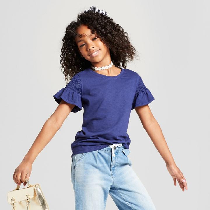 Girls' Smocked Short Sleeve Top - Cat & Jack Navy (blue)