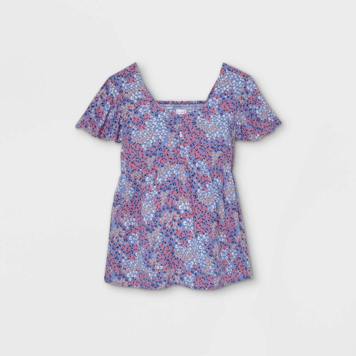 Maternity Floral Print Flutter Short Sleeve Woven Blouse - Isabel Maternity By Ingrid & Isabel Blue