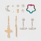 Simulated Pearl. Cross, And Geometric Shape Mismatched Earring Set 6ct - Wild Fable,