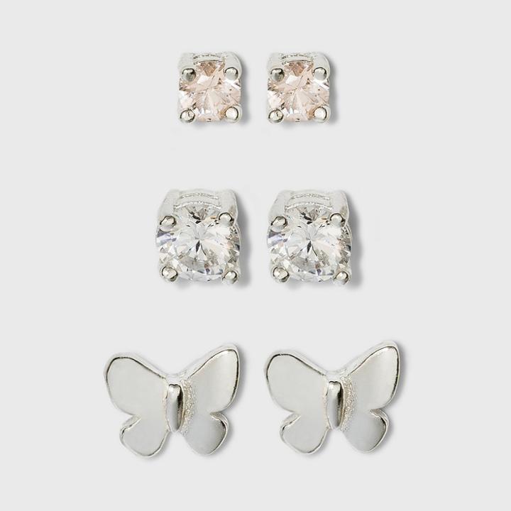 Sterling Silver Cubic Zirconia And Butterfly Earring Set 3pc - A New Day