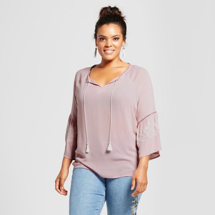 Women's Plus Size Tie Front Embroidered Bell Sleeve Blouse - Grayson Threads (juniors') Purple
