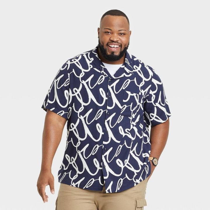 Men's Tall Printed Standard Fit Short Sleeve Button-down Shirt - Goodfellow & Co Navy Blue/wave