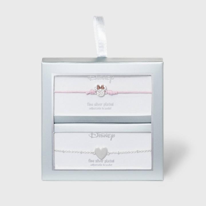 Disney Minnie Mouse With Pink Cord And Cubic Zirconia Heart Bolo Bracelet