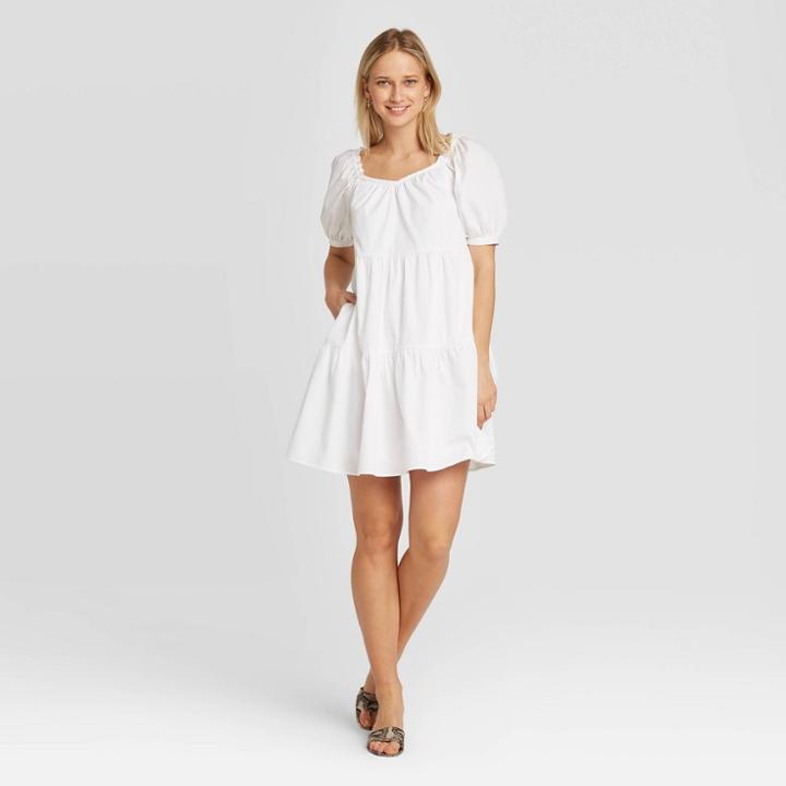 Women's Puff Short Sleeve V-neck Mini Dress - Who What Wear White