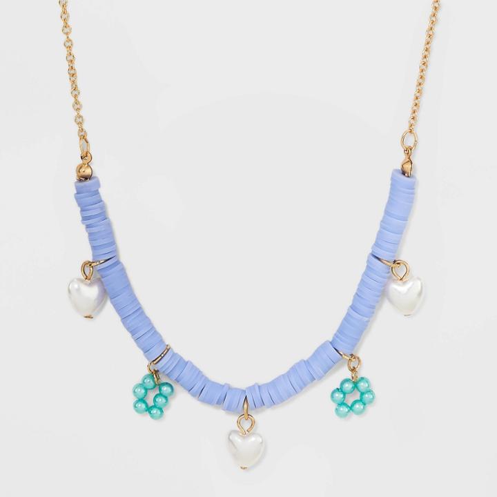 Heshi Beaded Floral And Simulated Pearl Heart Chain Necklace - Wild Fable Blue