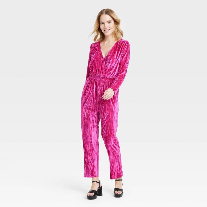 Women's Bell Long Sleeve Velour Jumpsuit - A New Day Pink