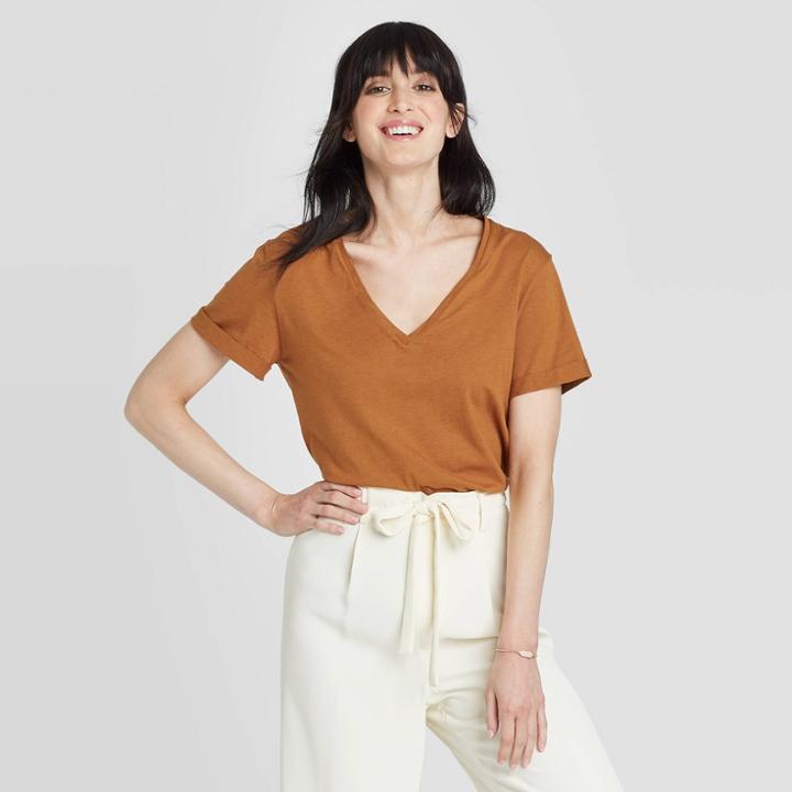 Women's Short Sleeve V-neck Cuff T-shirt - A New Day Rust Xs, Women's, Red