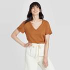 Women's Short Sleeve V-neck Cuff T-shirt - A New Day Rust Xs, Women's, Red