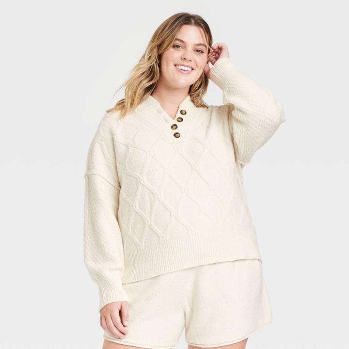 Women's Plus Size Henley Neck Button-front Pullover Sweater - Universal Thread Cream